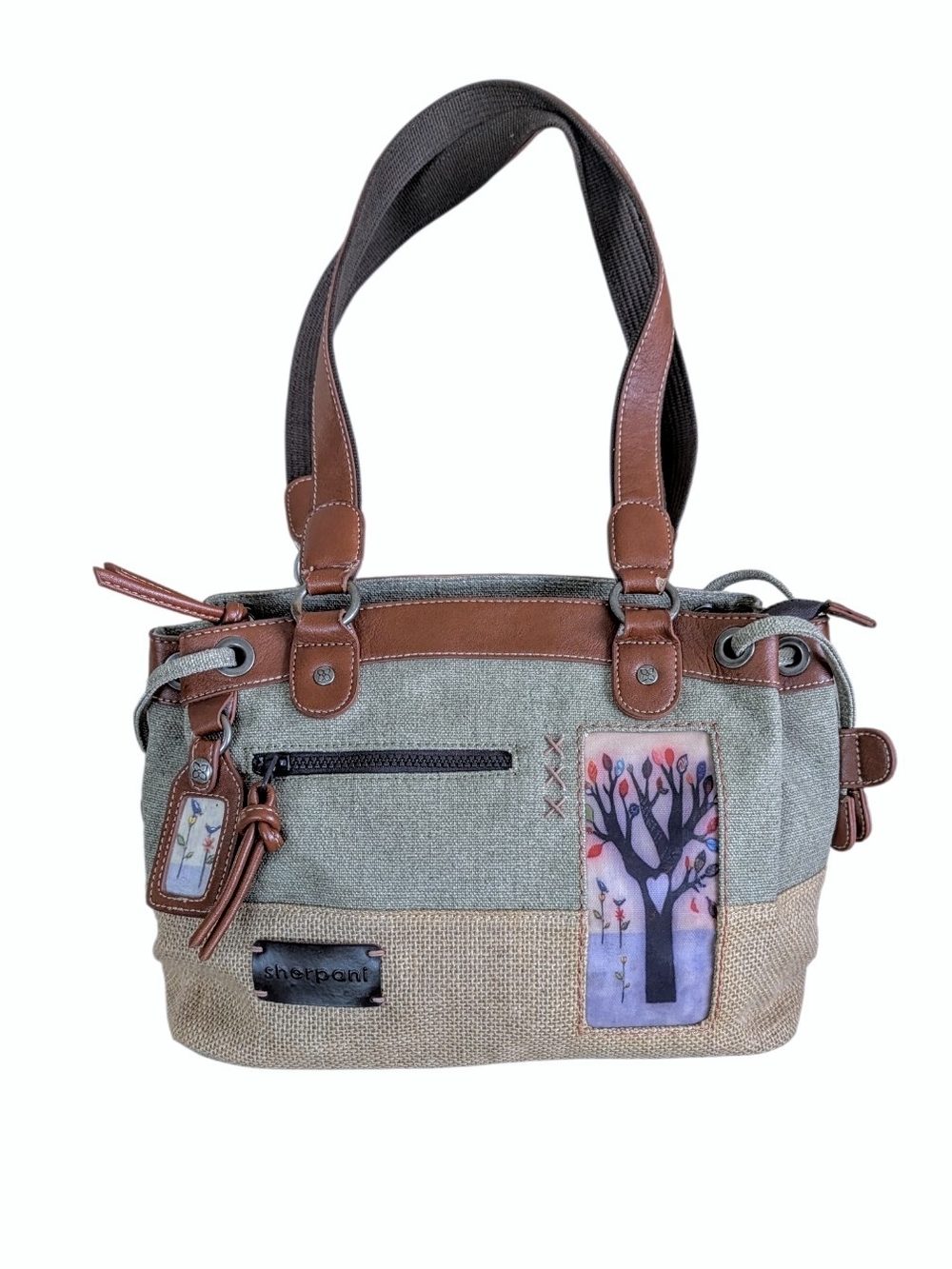 Sherpani Green and Brown Shoulder Bag with Tree Patch Accent